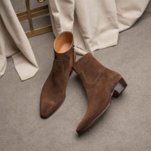 Milano Passo - Burnish Brown Suede Leather Lazzer Slip On Zipper Pointed Boots-MP000100